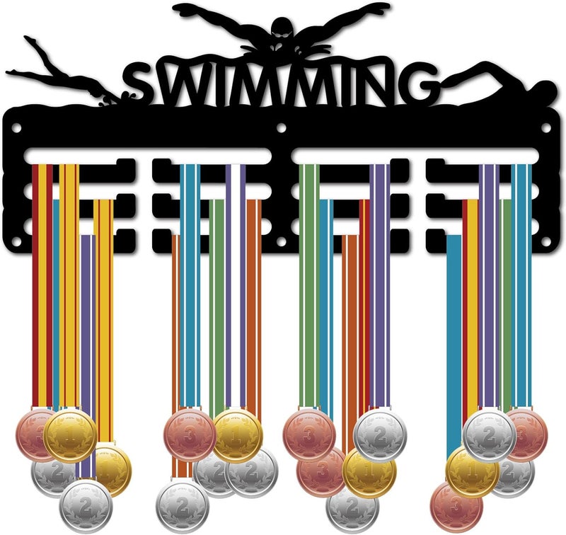CREATCABIN Swimming Medal Holder Sports Medal Hanger Display Small Sports Race Competition Awards Ribbons Organizer Rack Black Metal Mount Decor Frame for Wall Hanging 40+ Medals Player 11.4x5.1Inch - Image 1